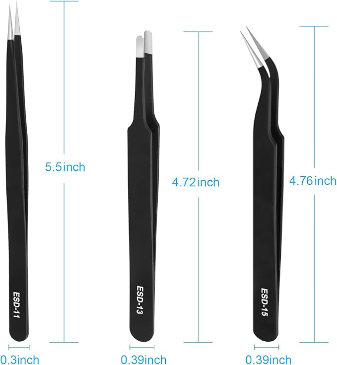3PCS Precision Tweezers Set, Upgraded ESD high-end anti-static for Craft, Electronics, Soldering, Laboratory Work, Soldering, Model, Eyelash Extensions, Nail stickers, Jewelry-Making