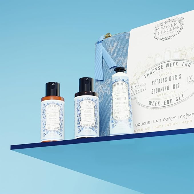 Panier des Sens - Travel Pouch Iris Gift Set - Shower Gel 3.3 fl oz + Body Lotion 3.3 fl oz + Hand Cream 1 fl oz - 97% Natural Ingredients - Made in France, Vegan Friendly Body Care