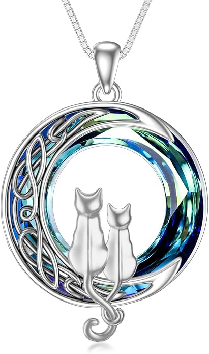 TOUPOP Cat Gifts for Cat Lovers One Two Three Four Cats Necklace Sterling Silver Cats on the Moon Pendant Necklace with Blue Circle Crystal Birthday Christmas Celtic Jewelry Gifts for Women