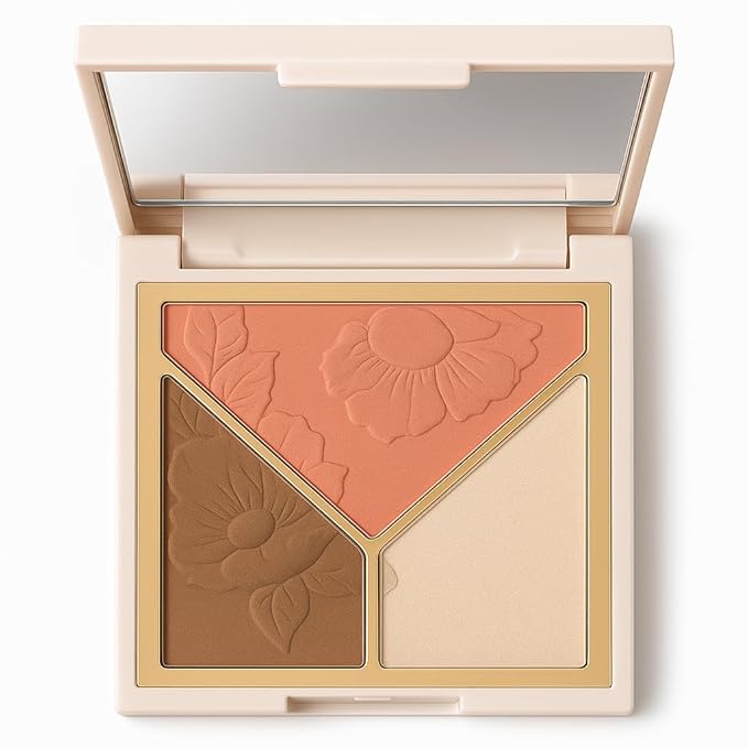 3-in-1 Highlighter Makeup Palette – Contour, Blush & Glow Kit with Matte & Shimmer Finish – Silky Pressed Powder for Face, Cheekbones, Eyes – Long-Lasting, Waterproof, Cool Toned, Travel-Friendly