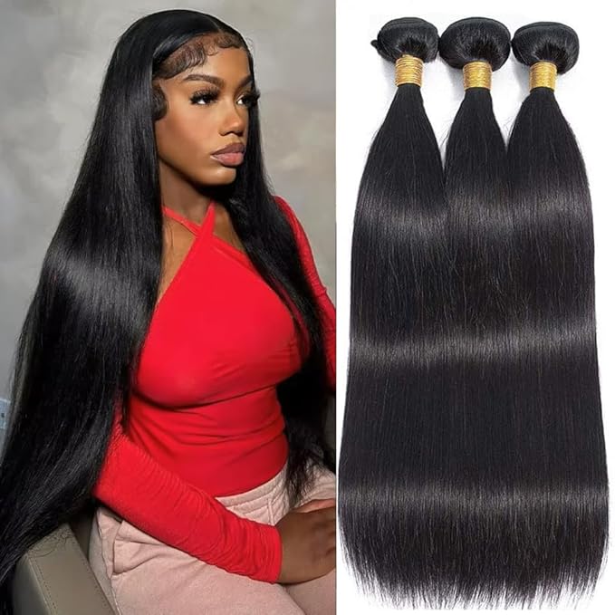 Straight Bundles Human Hair 26 28 30 Inch, 100% Unprocessed Virgin Human Hair Weave Bundles Straight, Sew In Hair Extensions Real Human Hair Glossy Hair Bundles 300g/Pack Double Weft Black Color