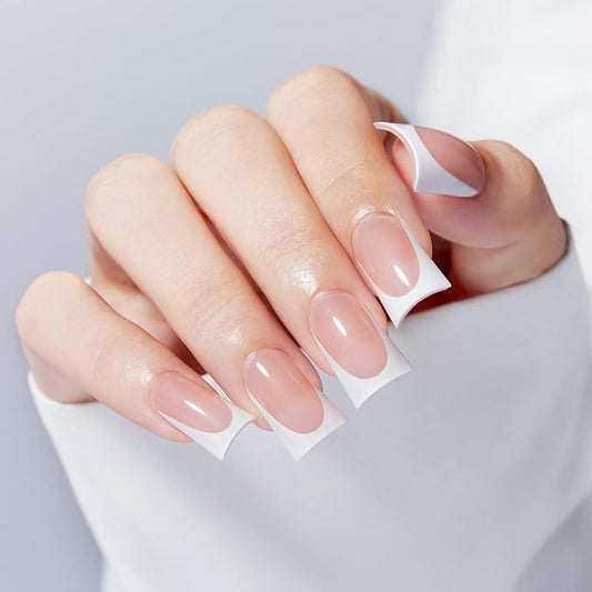 Modelones French Tip Press on Nails Short, Duck Fake Nails TIps, Reusable Nail Kit with Nail Glue Adhesive Tabs Mini Nail File, Nails Press Ons 30Pcs 15Sizes, Women Girl Gift