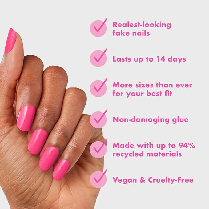 Olive & June Instant Mani Press-On Nails | (Glue) Short, Squoval 42 Fake Nails, 21 Sizes | Non-Toxic, Long-Lasting Recycled Materials Realistic Look | Salon-Quality at Home | Hot Strawberry