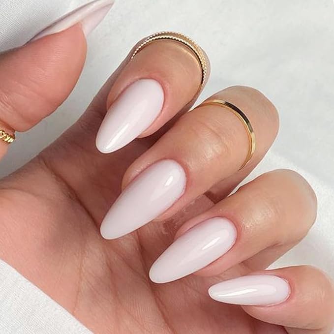 GLAMERMAID Press on Nails Medium Almond, White Ombre Gel False Nails, Glossy Short Stiletto Nude Glue on Nails Kit for Women, Reusable Short Oval Stick on Acrylic UV Finish Fake Nails Manicure Set