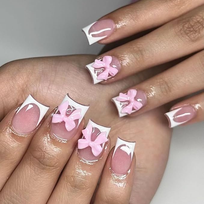 White French Tip Press on Nails Short - Square Fake Nails with Pink Bow Design - Cute Full Cover Stick on False Nails for Women 24 Pcs
