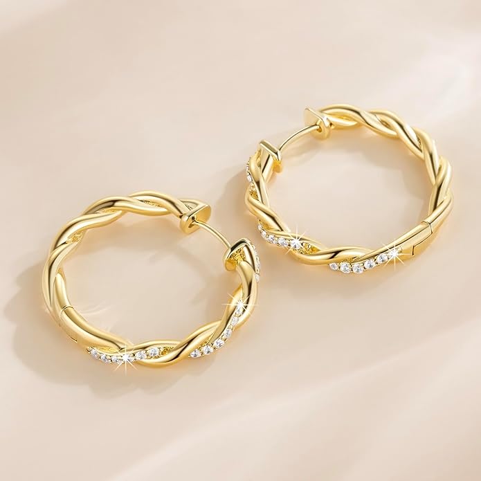ENROSE Gold Plated Hoop Earrings 14K Gold Plated Earring for Women Twisted Large Hoop Earrings Minimalist Diamond Earring Jewelry 29mm*4mm