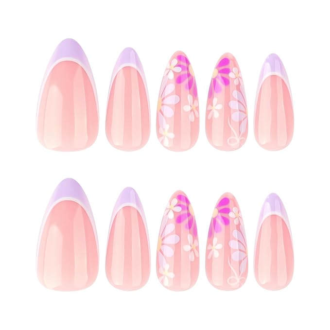 XZMeiLun Purple French Tip Press On Nails Spring Summer Acrylic Nails for Women - Purple Flower Designer Fake Nails Short Almond 24Pcs, Outdoor Picnic/Wedding/Party Reusable Glue On Stick On Nails