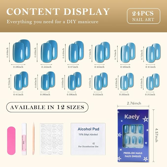 Aqua Blue Cat Eye Press on Nails Medium Square, Medium Square Press Stick on Nails Chrome for Women Gift, Aqua Blue Holographic Glitter Glossy Reusable Gel Acrylic Fake Nail with Designs Cateye Effect