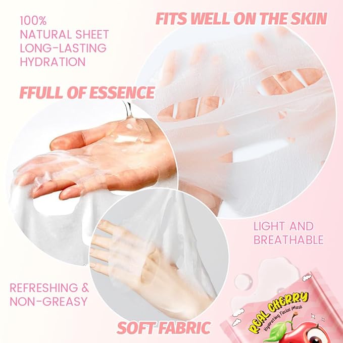 CAKAILA 8 Pack Cherry Face Mask,Pink Face Masks Skincare Spa Day Kit Supplies,Spa Party Favors for Women,Sheet Facial Mask Skincare Gifts Set,Moisturize Soothe for All Skin Types