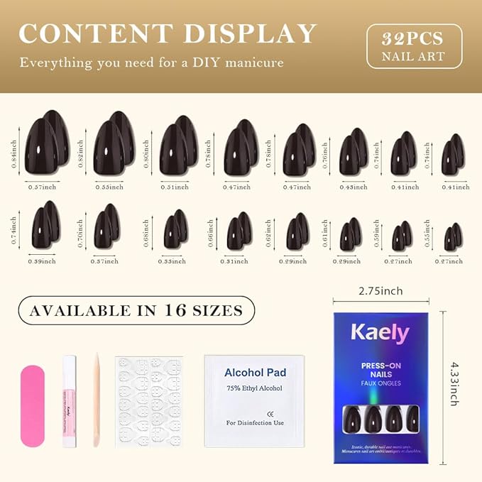 evpct Coffee Glossy Press on Nails Short Almond, Glossy Fake Nail Stick on Nail for Women Gift with Kit, Salon Quality Soft Gel Stick on Acrylic False Nails Reusable Full Cover for Women Manicure