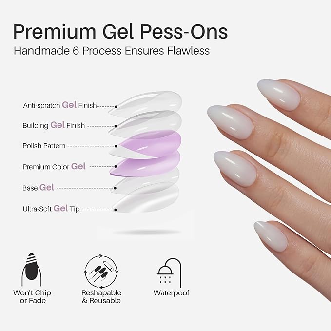 SHANGMENG White Press on Nails Short - Soft Gel Almond Press on Nails for Women Gift, Fit Perfectly & Natural Glue on Nails in 16 Sizes - 32 Reusable Fake Nails with Glue, Milky White