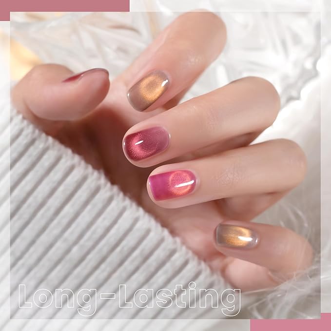 RARJSM Ceramics Glitter Cat Eye Gel Nail Polish Set 6Pcs Pink Light Purple Gold Brown Blue Velvet Shimmer Smoothie Cateye Gel Polish with Magnetic Stick UV LED Curing Require Home Salon Nail Design