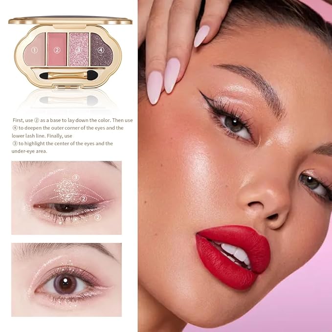 Eyeshadow Palette 4 Colors, Rose Nude Pink Brown Matte & Shimmer Shades, Highly Pigmented Blendable Long-Lasting Eye Shadow, Soft Silky No Fallout Daily Natural Glam Makeup, Makeup Gift for Women-B04