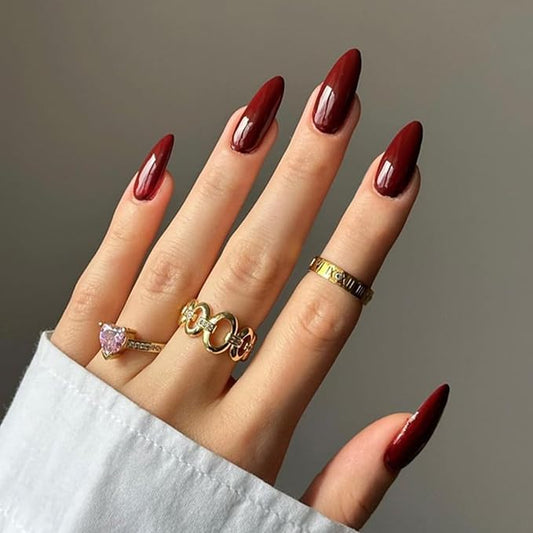 JONKASIPA French Pointed Almond Fake Nails, Reusable Nail Sets, Red Fake Nails, Press On Nails for Women