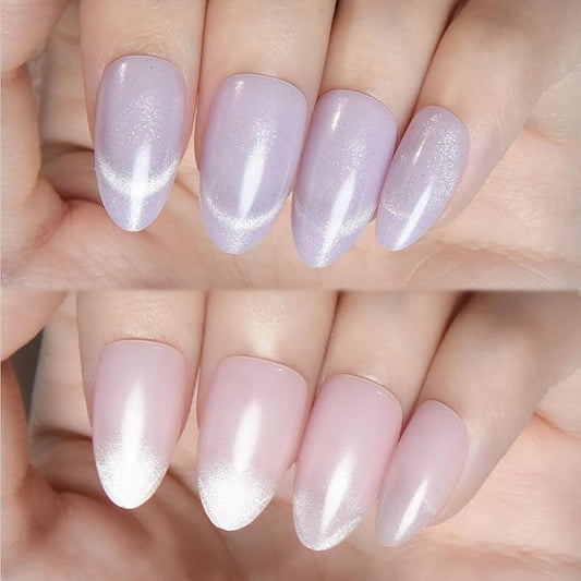 Cat Eye Press on Nails Short Almond - Light Purple & Nude Pink Shimmer Glossy French Tip Press on Nails for Gift, Soft Gel Press Stick on Nail with Nail Kit, Full Cover Reusable Acrylic Fake Nails Kit