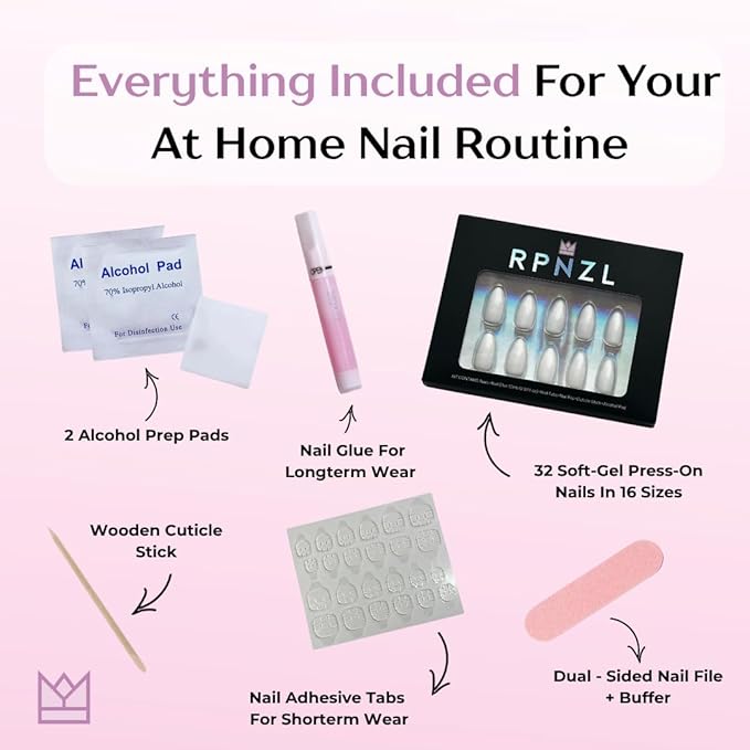 RPNZL Press On Nails - Coconut | Opaque White Medium Almond Nails, Salon Quality | 32 Nails, 16 Sizes Kit with Glue and Adhesive Tabs I Female Founded - Beauty, Self Care
