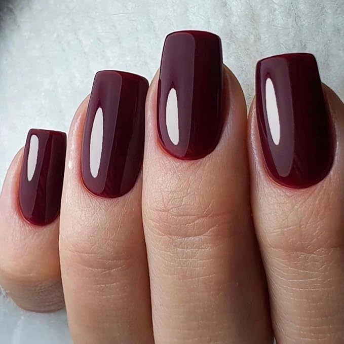 GLAMERMAID Burgundy Press on Nail Medium Square, Dark Red Handmade Jelly Soft Gel Nail Square Fake Nail, Glossy Stick Glue 0n Nail Kit for Women, Reusable Stick on Acrylic Fake Nail Manicure Set