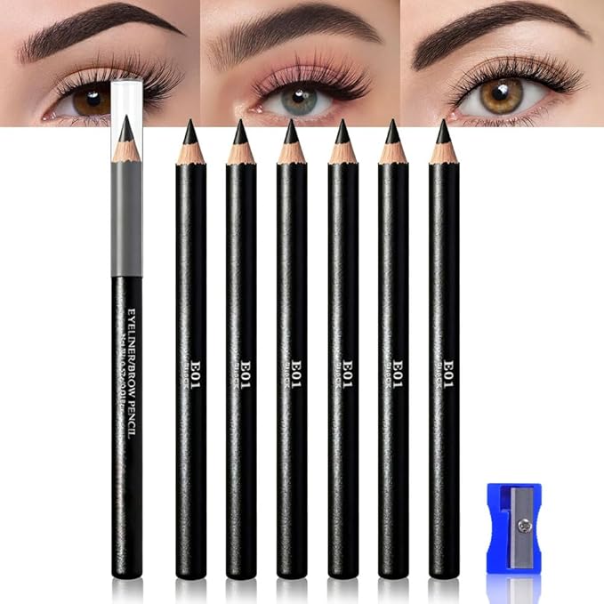 Eyebrow Pencils for Women with Sharpener, 6Pcs Hard-Core Wooden Eye Brow Eye Liner Pencils for Beginner Makeup, Waterproof & Sweat-Proof (6Pcs-Black)