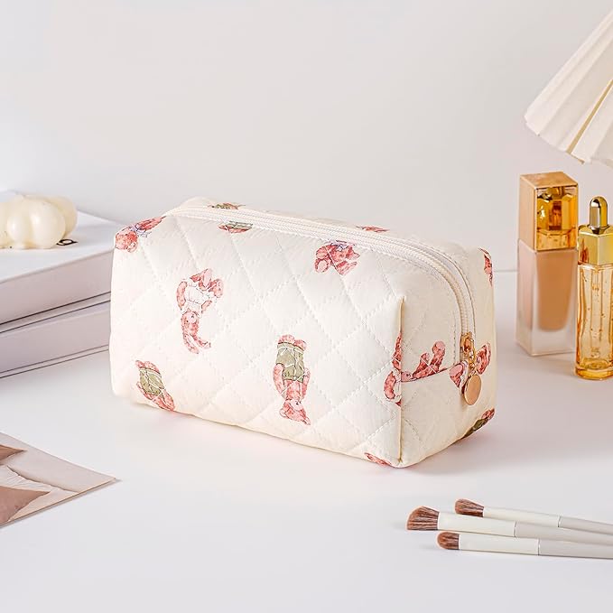 Cute Floral Makeup Bag Small Cotton Quilted Cosmetic Bag, Aesthetic Essential Bag Emergency Bag Gift for Women Girls Travel Accessories (Bear)