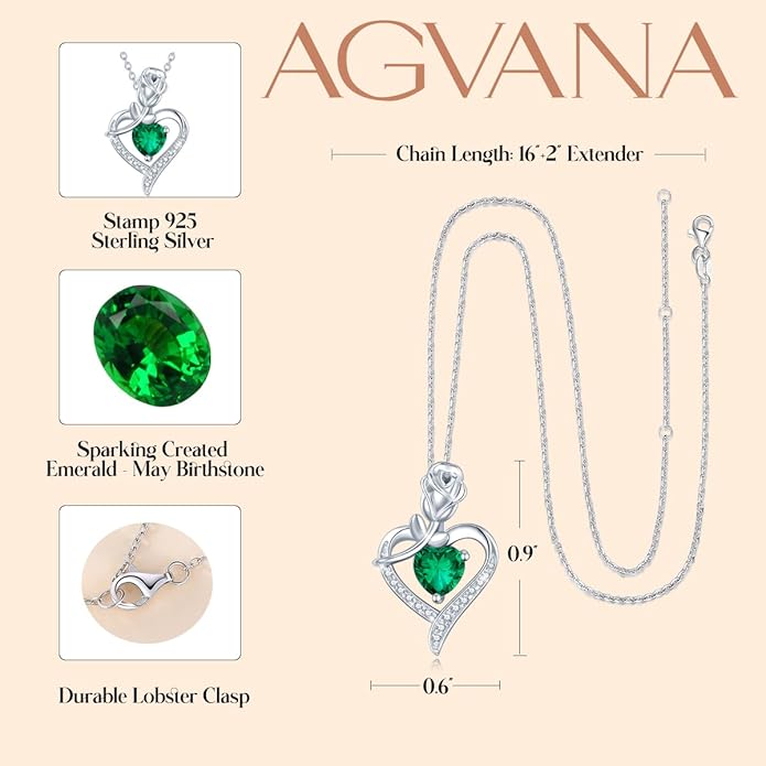 AGVANA Christmas Gifts Rosy Reverie Birthstone Necklace for Women Sterling Silver Genuine or Created Gemstone Rose Flower Heart Pendant Necklace Anniversary Birthday Gifts for Women Mom Wife Her