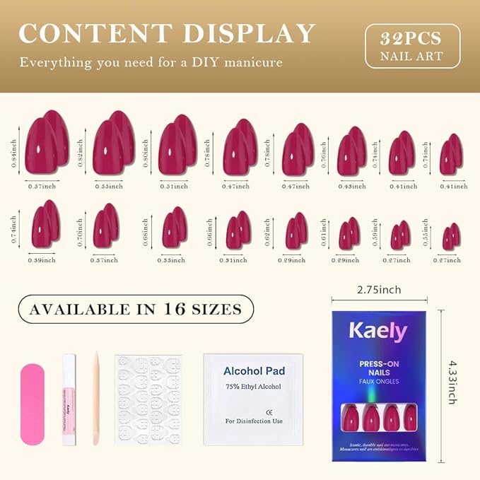 evpct Rose Red Glossy Press on Nails Short Almond, Glossy Fake Nail Stick on Nail for Women Gift with Kit, Salon Quality Soft Gel Stick on Acrylic False Nails Reusable Full Cover for Women Manicure