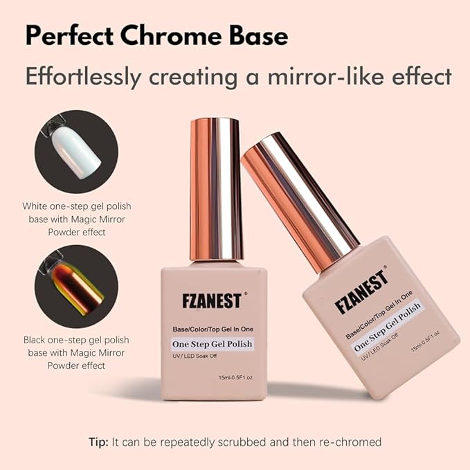 FZANEST Black and White Gel Nail Polish, No Wipe Base Top Coat Color 3 in 1 One Step Gel Polish Chrome Nail Powder Soak Off LED UV Nail Art Starter Manicure