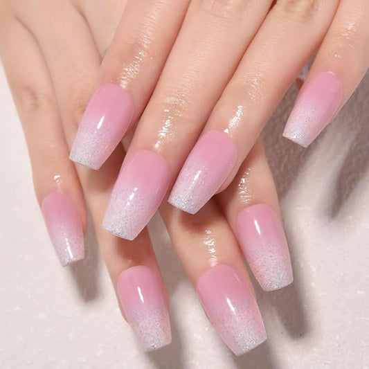 evpct Ombre Gold to Pink Press on Nails Short Coffin, Short Coffin Glossy Stick on Nails for Women Gift with Manicure Kit, Reusable Soft Gel Stick on Fake Nail with Ombre Designs Perfectly Fit