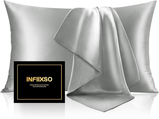 INFIIXSO Mulberry Silk Pillowcase for Hair and Skin, Silk Pillow Cases Standard Size with Hidden Zipper 20x26 Inches, Ultra Smooth and Soft Cooling Pillow Cases for Hot Sleepers(Grey, 1 Pack)