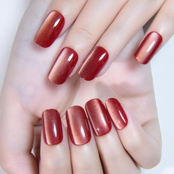 Red Cat Eye Press on Nails Medium Square, Medium Square Press Stick on Nails Chrome for Women Gift, Red Holographic Glitter Glossy Reusable Soft Gel Acrylic Fake Nail with Designs Cateye Effect