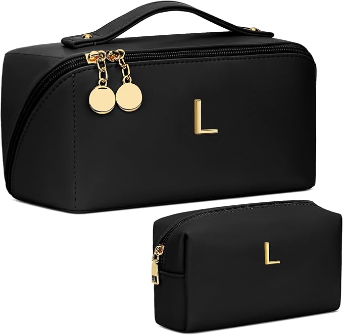 Valentines Day Gifts for Women Teen Girl, Personalized Initial Makeup Organizer Bag Set, Open Flat Travel Cosmetic Bag With Clear Divider and Handle(Black,L)
