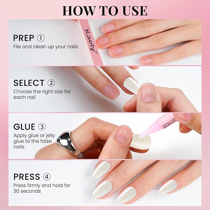 Press on Nails Short Almond - White Chrome Glazed Glossy Press on Nail Tips Stick on Nails with Nail Kit for Gift, Reusable Stick On Nails in 15 Sizes - 30 Full Cover Acrylic Soft Gel Fake Nails Kit