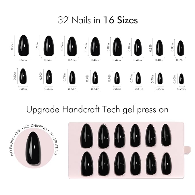 VSALON Press on Nails Medium Almond - Glossy Black Winter Nails for Women, Reusable Solid Opaque Gel Fake Nails with Glue & Cuticle Oil - 32 PCS Glue On Nails in 16 Sizes (Enchanting Night)