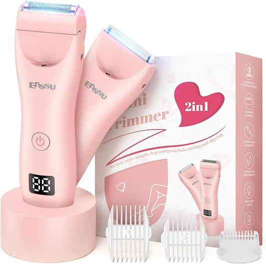 ENSSU Bikini Trimmer for Women - 2 in 1 Pubic Hair Trimmer IPX7 Waterproof, Razors for Women with LED Light & USB Charge, Painless Electric Shaver with Ceramic Blade for Bikini Legs Arm Underarm