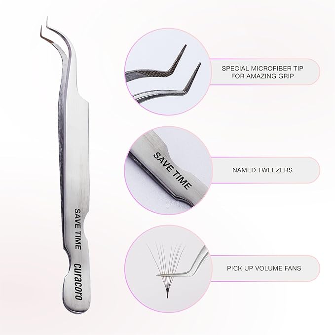 Curacoro Lash Tweezer - Professional & Precision Fiber Tip Grip Lash Tweezers for Eyelash Extensions, Multi Shapes & Purposes Tweezers for Volume, Isolation & Classic Lashes (Silver, Save Time)