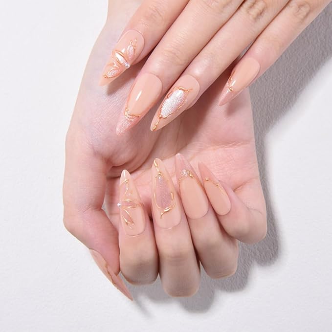 XZMeiLun French Tips Press on Nails Almond Medium Length - Stiletto Acrylic Fake Nails with 3D Gold Line Cat Eye Floral Design, Reusable Glue-On Stick for Fall Flower Fashion Nails for Women