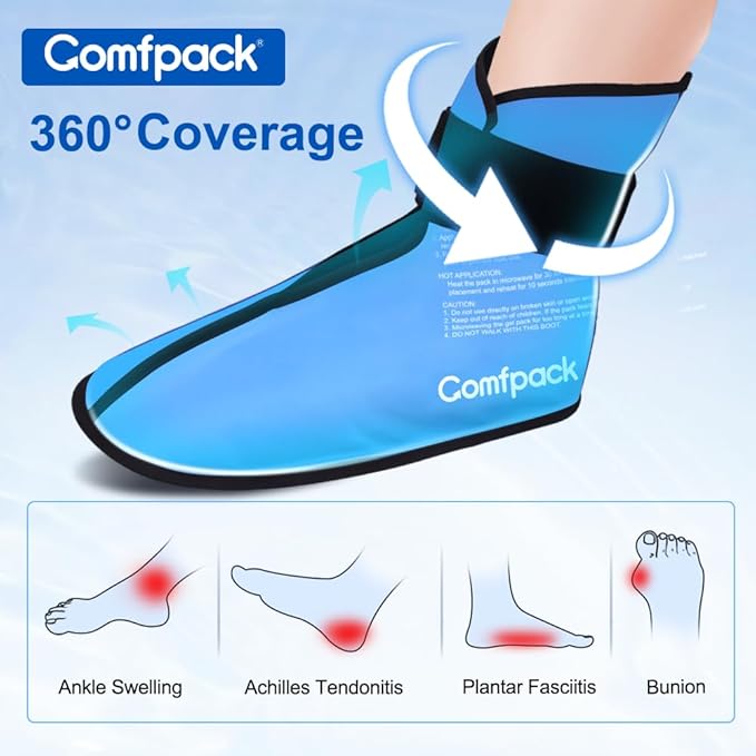 Comfpack Foot Ankle Ice Pack Wrap for Plantar Fasciitis, 2 Packs Reusable Gel Ice Pack for Foot After Surgery, Ice Boot Pain Relief for Achilles Tendonitis, Bunion, Swelling