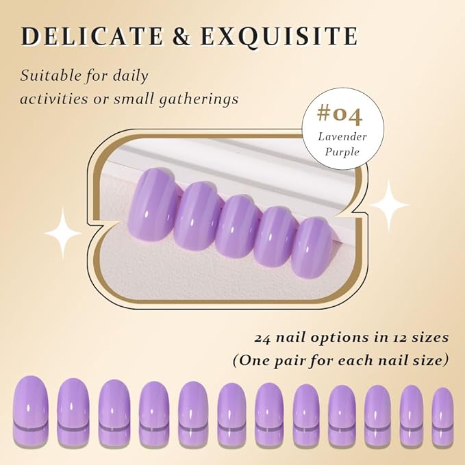 evpct Lavender Purple Medium Oval Glossy Press on Nails for Women Gift, Glossy Purple Fake Nail with Kits Manicure Kit, Soft Gel Full Cover Reusable Stick on Soft Acrylic False Nails Perfectly Fit
