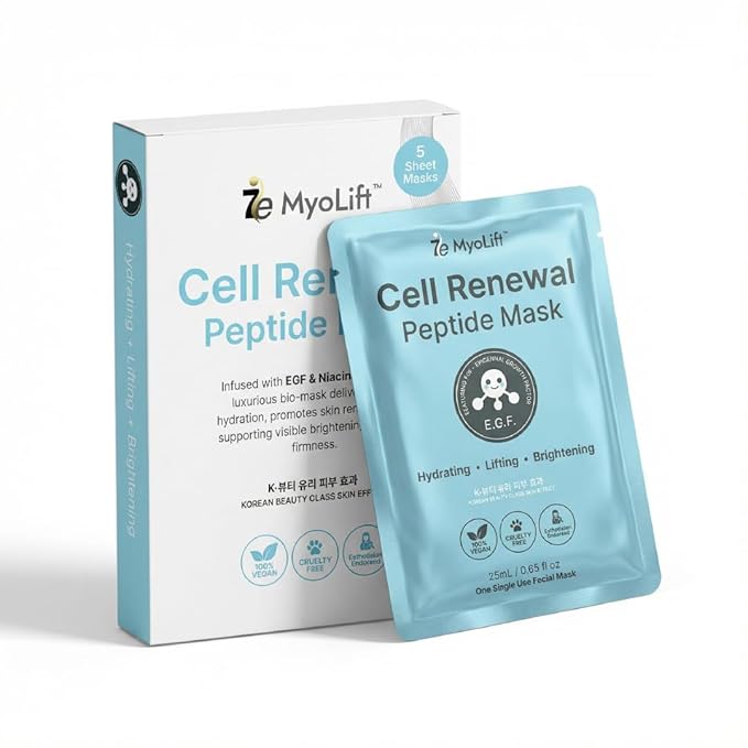 MYOLIFT Cell Renewal Peptide Mask(EGF)– 100%Vegan, Bio-Cellulose FaceMask for CellRenewal, Skin Firming, Hydrating & Brightening-with Niacinamide, Hyaluronic Acid& EGF|Korean Skincare Sheet Mask–Pack2