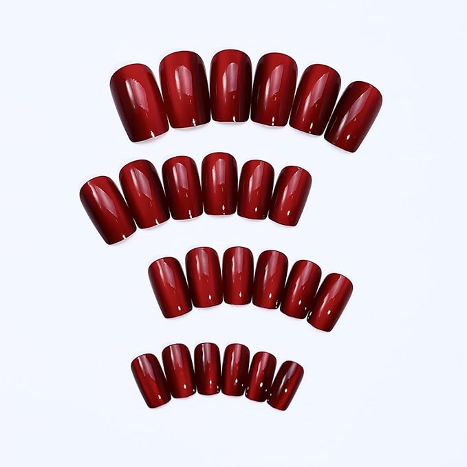 SHELWIN French Press On Nails Ready-To-Wear DIY Manicure Stick On Cat Eye Nails kit for Women 24 Pcs Short Medium Coffin Almond Shaped False Nails Gifts（Cherry）