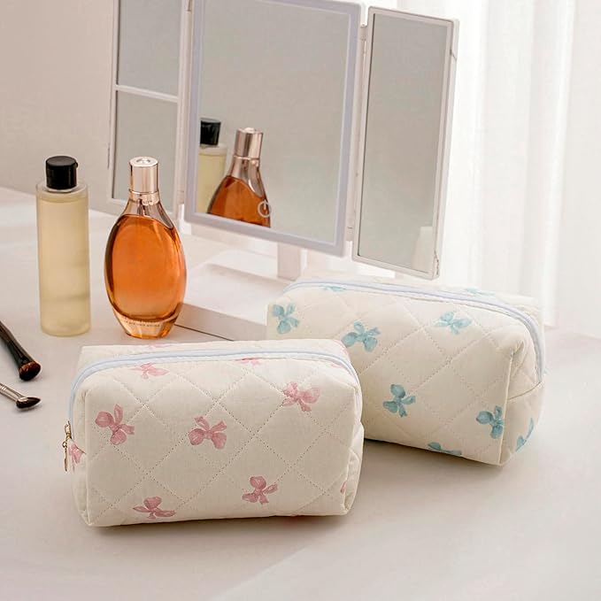 Gleyemor Small Quilted Makeup Bag for Women, Cute Floral Bow Cosmetic Bag, Emergency Bag Travel Toiletry Cotton Pouch Gifts for Girls Her Mom Friend Sister Bridesmaid (Small Blue Bowknot)