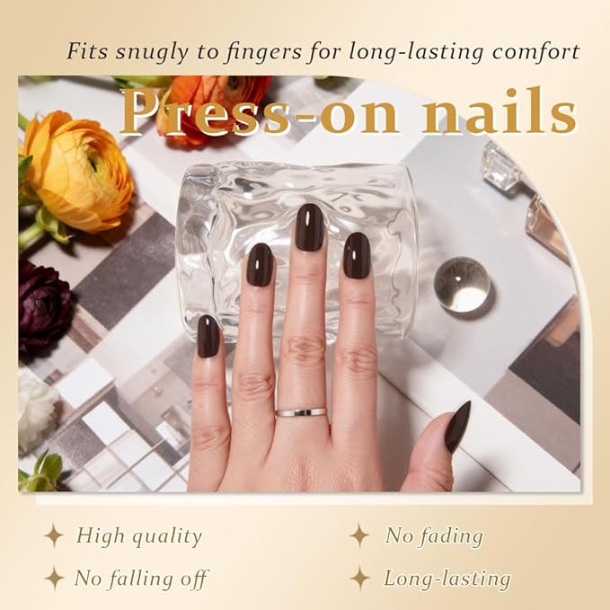 evpct Black Cocoa Medium Oval Glossy Press on Nails for Women Gift, Glossy Black Cocoa Fake Nail with Kits Manicure Kit, Soft Gel Full Cover Reusable Stick on Soft Acrylic False Nails Perfectly Fit