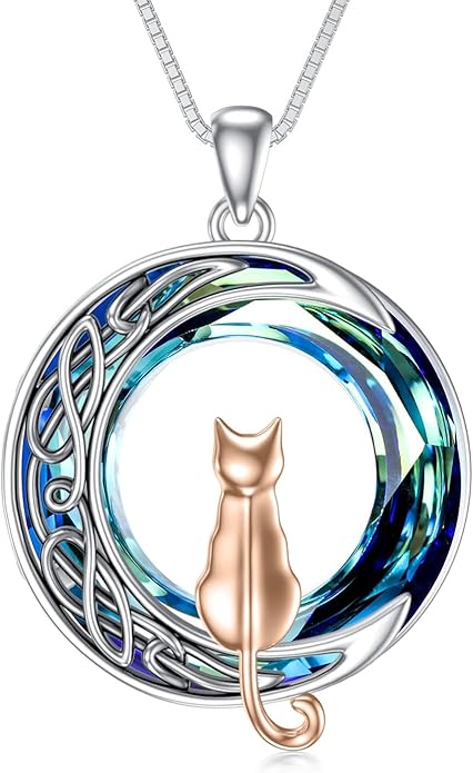 TOUPOP Cat Gifts for Cat Lovers One Two Three Four Cats Necklace Sterling Silver Cats on the Moon Pendant Necklace with Blue Circle Crystal Birthday Christmas Celtic Jewelry Gifts for Women