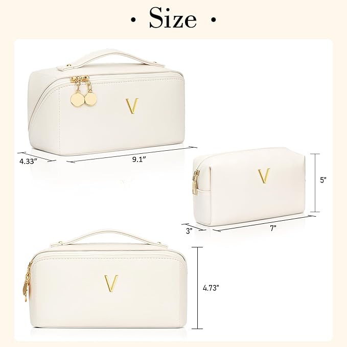 Valentine's Day Gifts for Women Teen Girl, Personalized Initial Makeup Organizer Bag Set, Open Flat Travel Cosmetic Bag With Clear Divider and Handle(Beige,V)