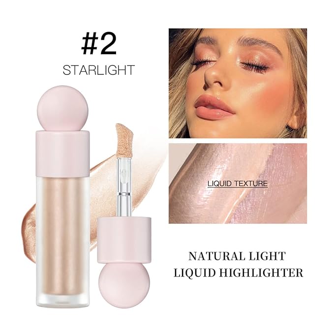 Liquid Highlighter Makeup Face Highlighters & Luminizers, Highlighters Makeup for Long Lasting Shimmer Natural Glow, Body Highlighter Easy to Apply with Cushion Applicator (#2 Starlight)
