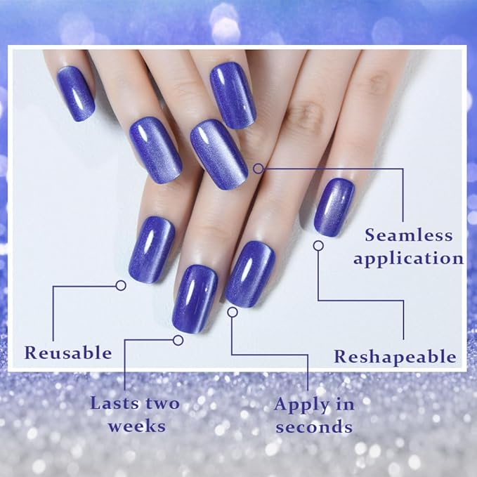 Blue Cat Eye Press on Nails Medium Square, Medium Square Press Stick on Nails Chrome for Women Gift, Blue Holographic Glitter Glossy Reusable Soft Gel Acrylic Fake Nail with Designs Cateye Effect