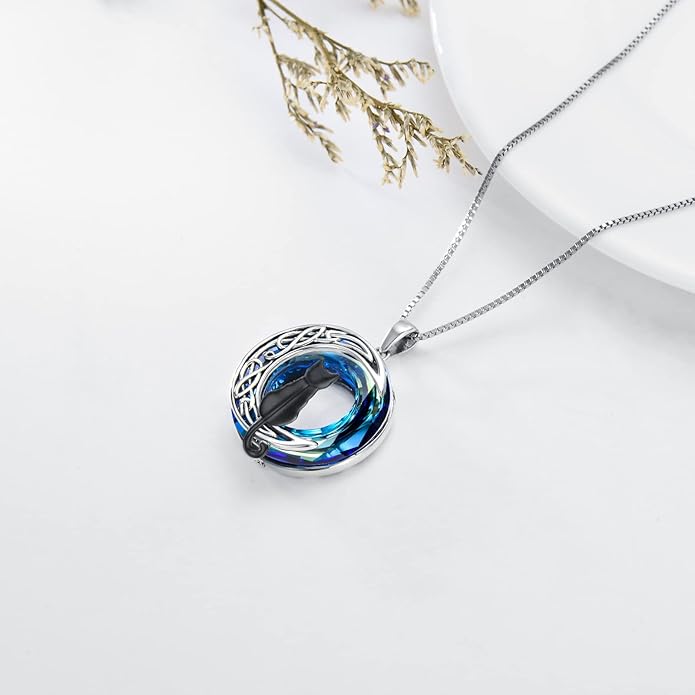 TOUPOP Cat Gifts for Cat Lovers One Two Three Four Cats Necklace Sterling Silver Cats on the Moon Pendant Necklace with Blue Circle Crystal Birthday Christmas Celtic Jewelry Gifts for Women