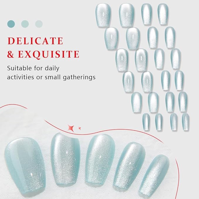evpct Cat Eye Coffin Press on Nails Square Medium, Stick on Nails Medium Square for Women Gift, Teal Light Blue Green Metallic Glitter Glossy Gel Reusable Stick Acrylic Fake Press on Nail with Designs