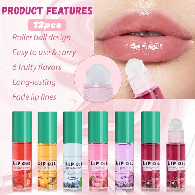 Kaely 12Pcs Mini Roll On Lip Gloss, Fruit Flavored Lipgloss Set Party Favors, Hydrating & Moisturizing Lip Gloss Oil Makeup, Birthday Christmas Gifts, Vegan & Cruelty-Free