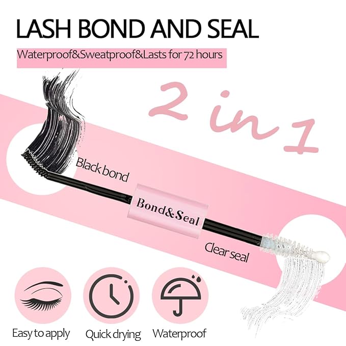 Lash Bond and Seal Kit 2Pcs DIY Lash Extension Waterproof Lashe Cluster Glue 72h Hold Portable Individual Lash Glue for Eyelash Extensions Beginners Black Bond&Clear Seal(5ml+5ml）