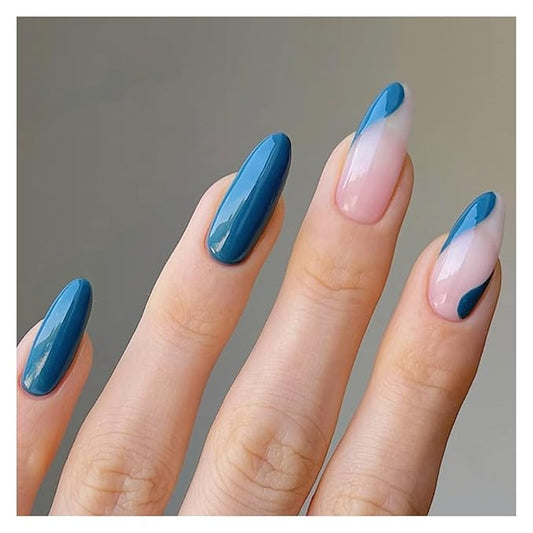 SHELWIN French Press On Nails Ready-To-Wear DIY Manicure Stick On Nails kit for Women 24 Pcs Short Medium Coffin Almond Shaped False Nails Gifts（Blue Mirage）